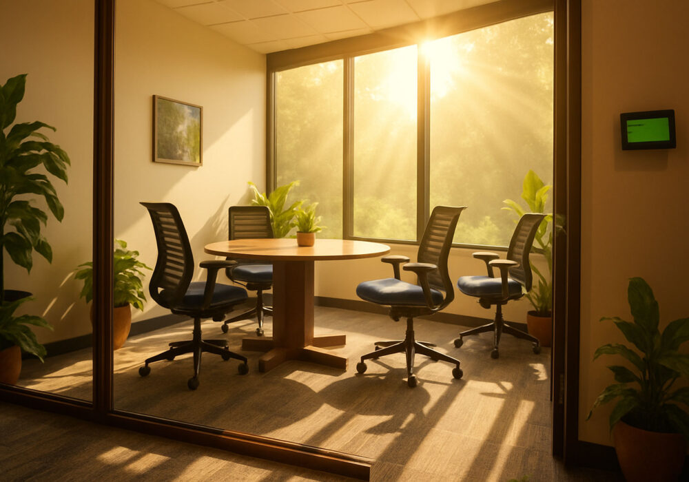 Conference room with table and chairs, plants, and the sun rays shining in.