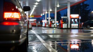 Close up the back of a car pulling into a gas station.