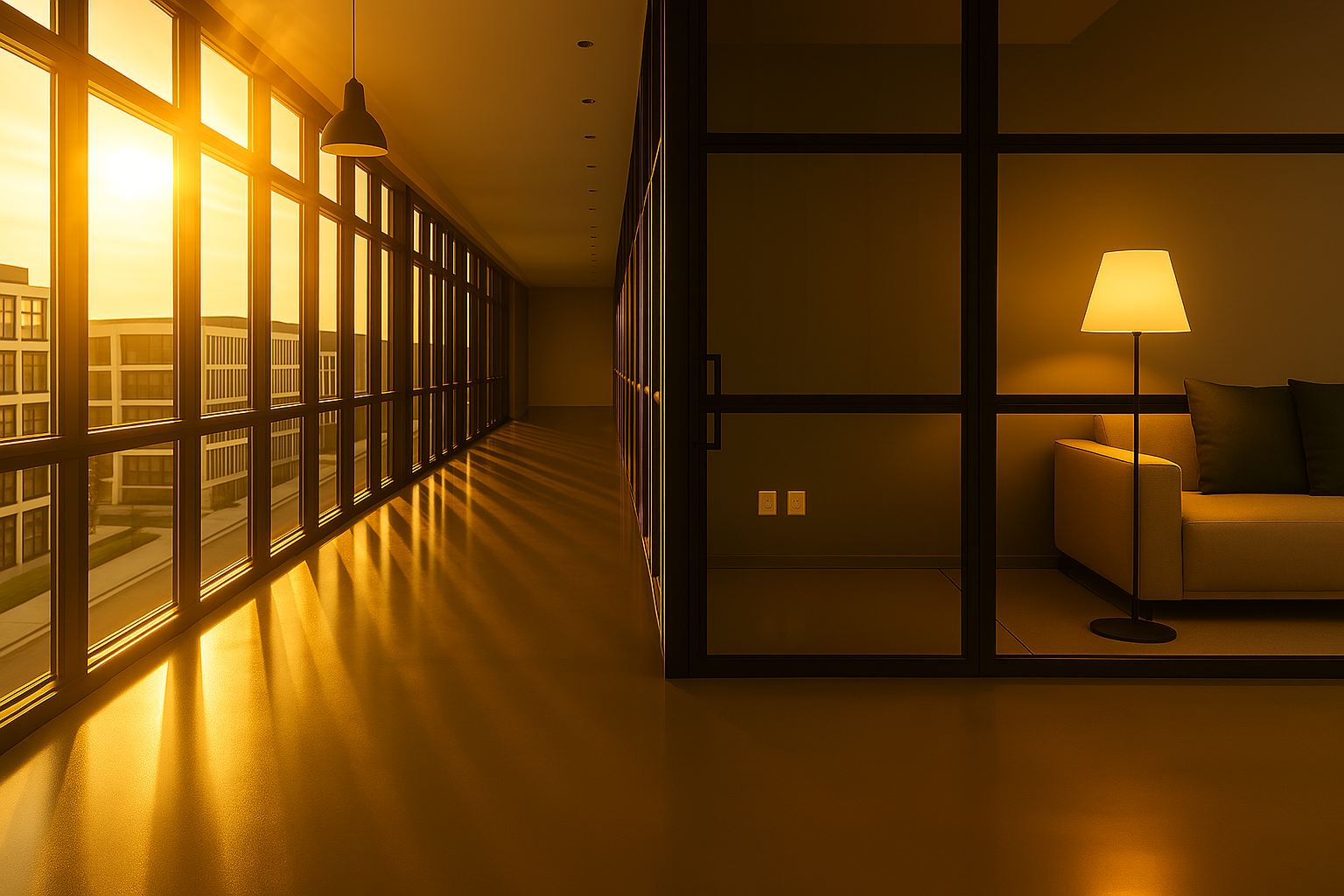 Office with glass windows showing a hall and sun rays through the hall windows.
